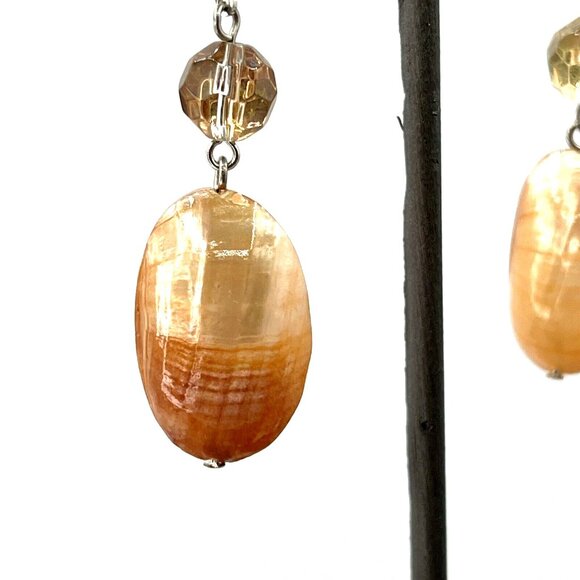 Peach Dyed Double Shell Bead Dangle Pierced Earrings 2.5" - Picture 2 of 9